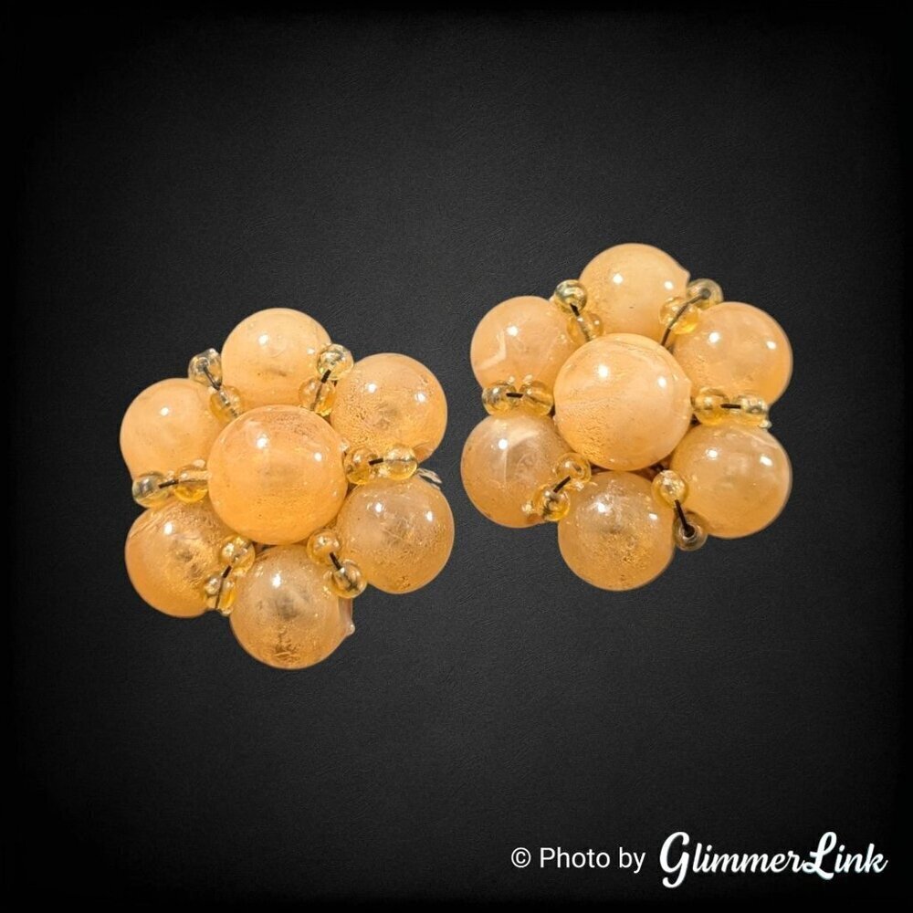 Vintage Hong Kong Peach Yellow Beaded Cluster Gold Tone Clip On Earrings